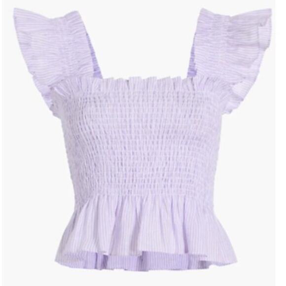 HILL HOUSE The Paz Cropped Nap Top Lilac Stripe Smocked Ruffle XXL NWT